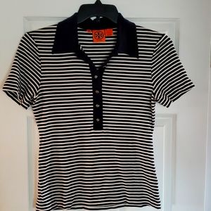 TORY BURCH Navy White Stripe collar shirt, Size Lg, 6 TB buttons fully intact